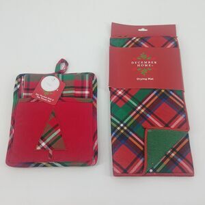 December Home Christmas Plaid Drying Mat & Pot Holder Set Holiday Kitchen Decor